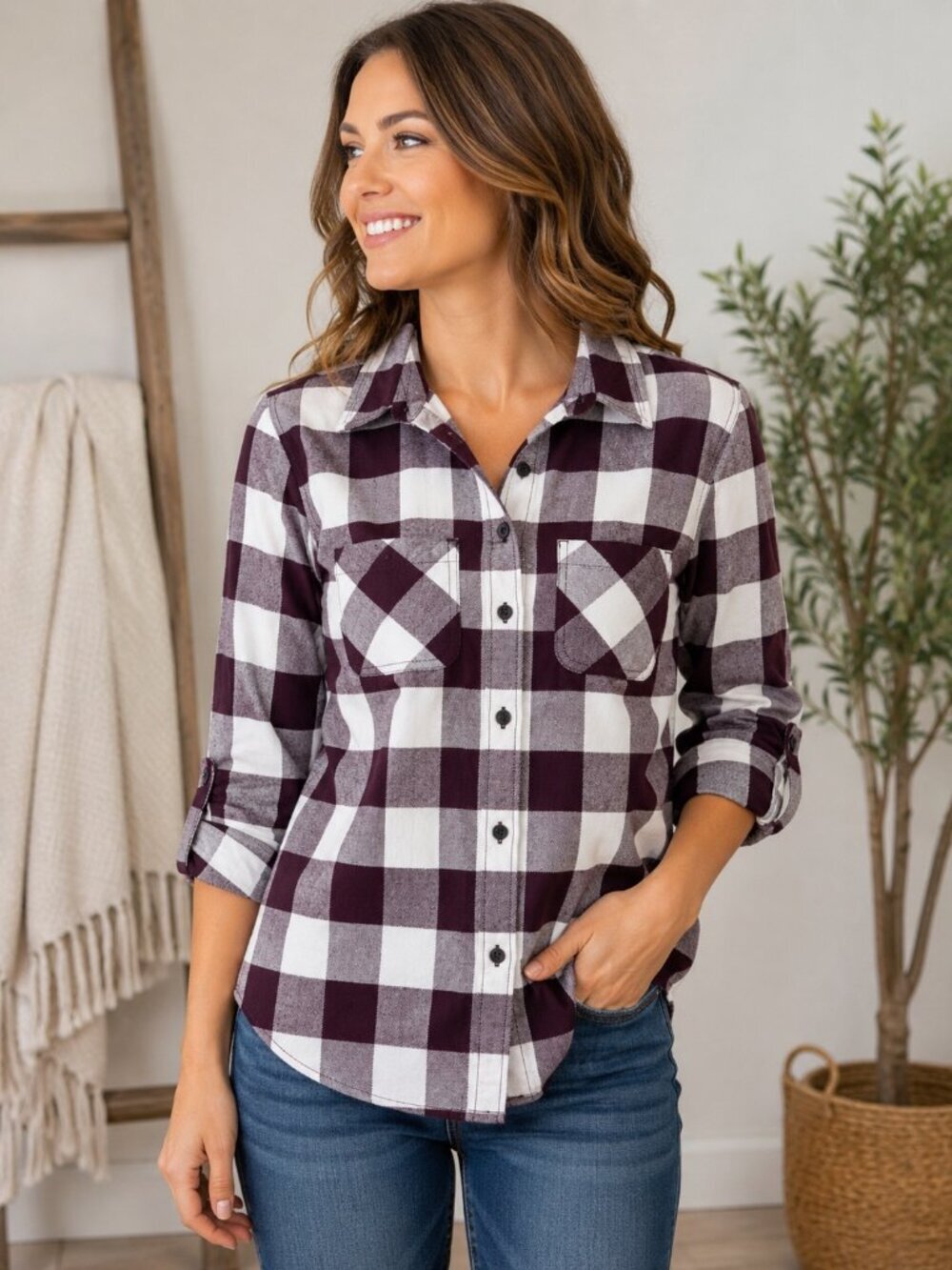 Wind River Burgundy Buffalo Plaid Button-Up Flannel Shirt NWT Small